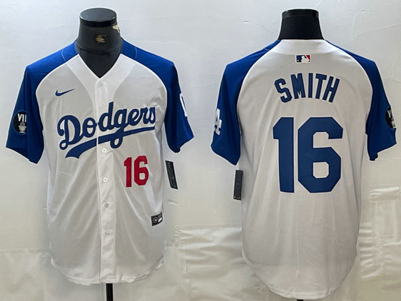 Men's Los Angeles Dodgers #16 Will Smith White Blue Vin Patch Cool Base Stitched Baseball Jersey 15