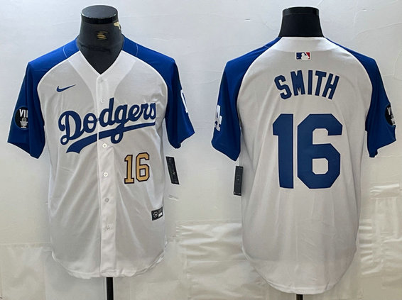 Men's Los Angeles Dodgers #16 Will Smith White Blue Vin Patch Cool Base Stitched Baseball Jersey 7