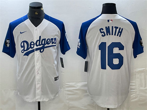 Men's Los Angeles Dodgers #16 Will Smith White Blue Vin Patch Cool Base Stitched Baseball Jersey