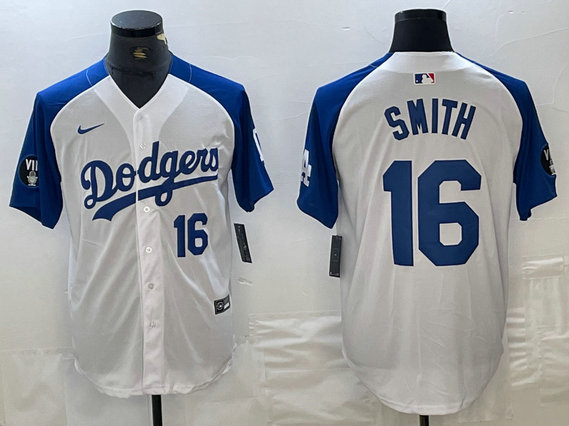 Men's Los Angeles Dodgers #16 Will Smith White Blue Vin Patch Cool Base Stitched Baseball Jersey 8