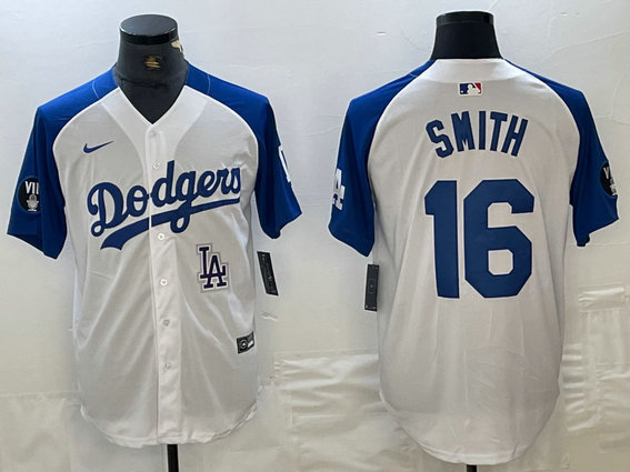 Men's Los Angeles Dodgers #16 Will Smith White Blue Vin Patch Cool Base Stitched Baseball Jersey 9