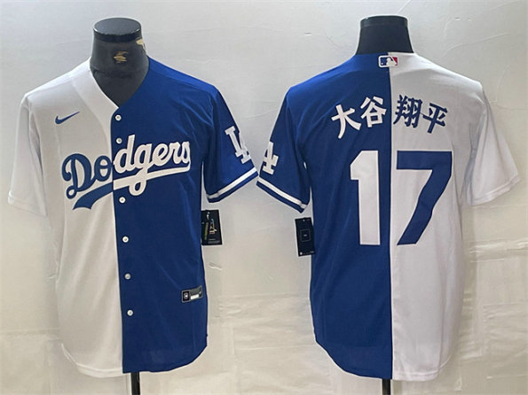 Men's Los Angeles Dodgers #17 大谷翔平 White Blue Split Cool Base Stitched Baseball Jersey