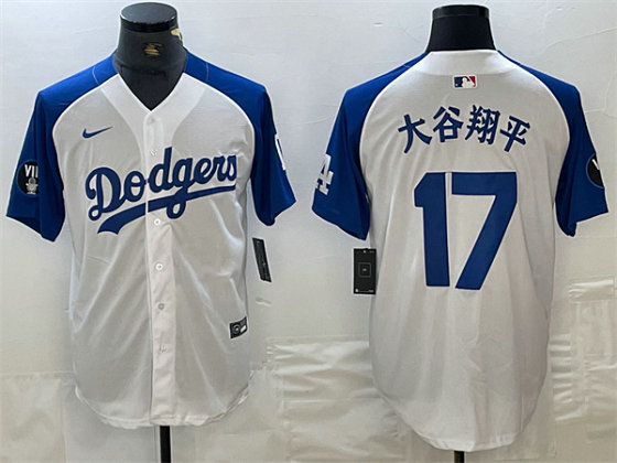 Men's Los Angeles Dodgers #17 大谷翔平 White Blue Vin Patch Cool Base Stitched Baseball Jersey