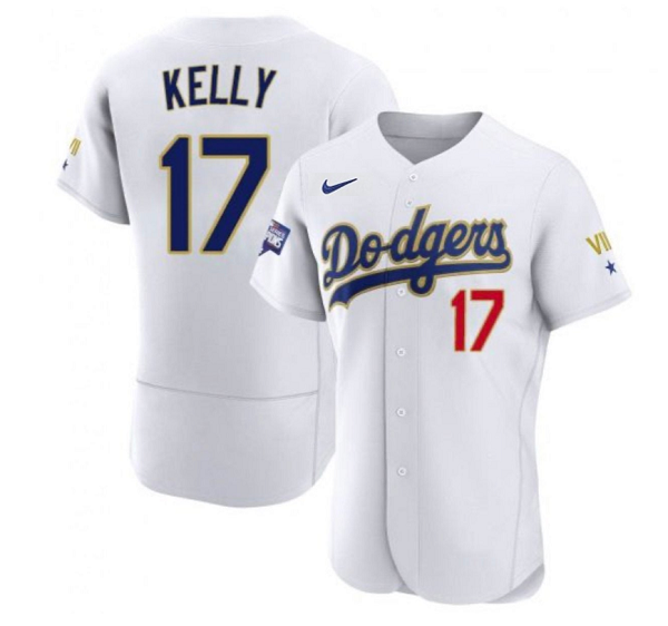 Men's Los Angeles Dodgers #17 Joe Kelly White Gold Championship Flex Base Sttiched Jersey