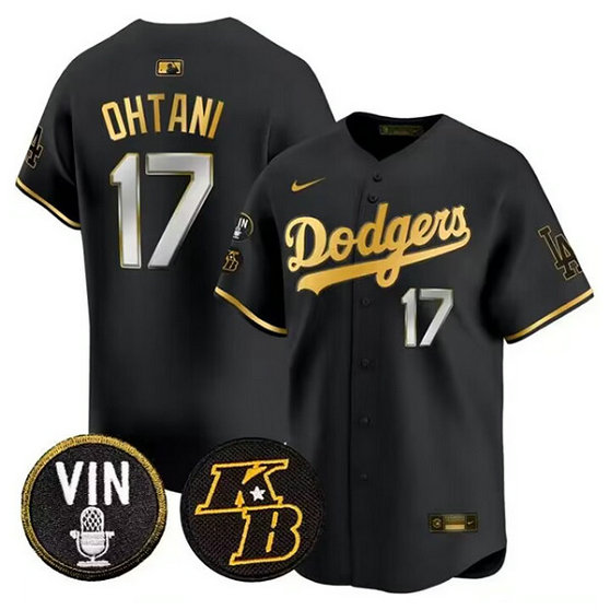 Men's Los Angeles Dodgers #17 Shohei Ohtani Black Gold Vin & Kobe Patch Cool Base Stitched Baseball Jersey