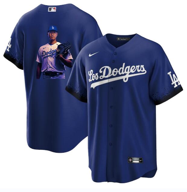 Men's Los Angeles Dodgers #17 Shohei Ohtani Blue Big Logo City Connect Cool Base Stitched Jersey 3