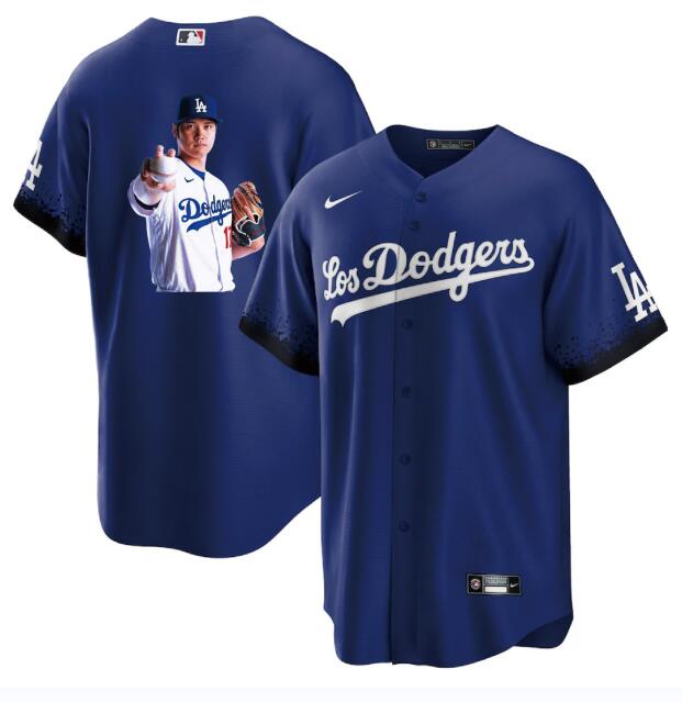 Men's Los Angeles Dodgers #17 Shohei Ohtani Blue Big Logo City Connect Cool Base Stitched Jersey 4