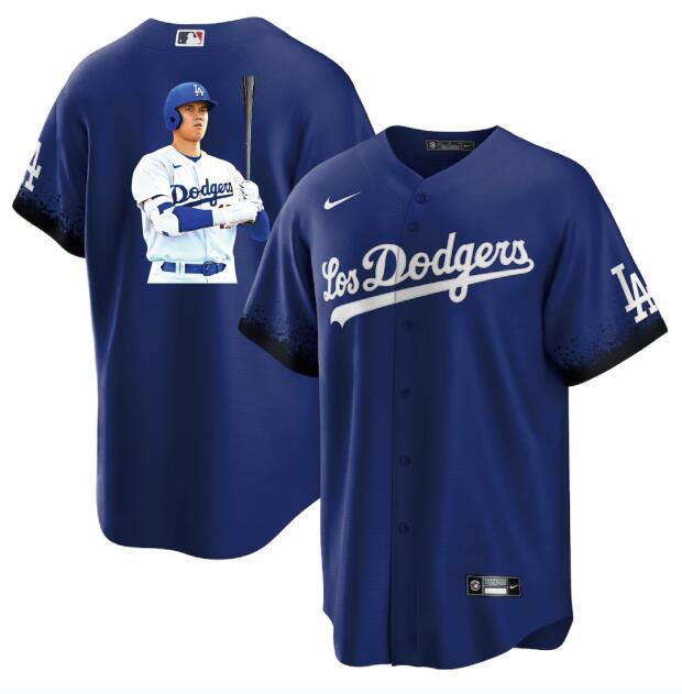Men's Los Angeles Dodgers #17 Shohei Ohtani Blue Big Logo City Connect Cool Base Stitched Jersey 5