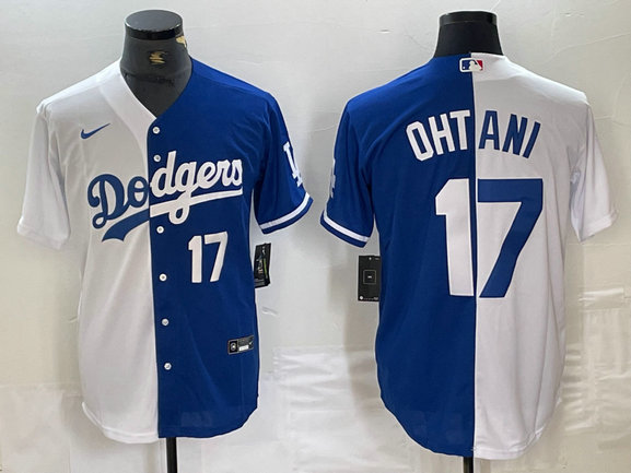 Men's Los Angeles Dodgers #17 Shohei Ohtani White Blue Split Cool Base Stitched Baseball Jersey 1