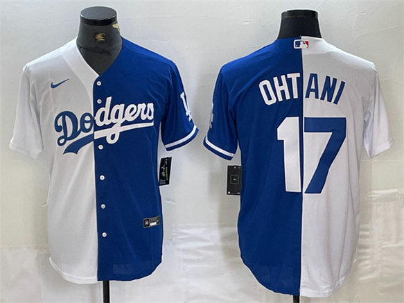 Men's Los Angeles Dodgers #17 Shohei Ohtani White Blue Split Cool Base Stitched Baseball Jersey