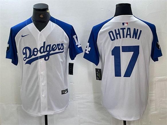Men's Los Angeles Dodgers #17 Shohei Ohtani White Blue Vin Patch Cool Base Stitched Baseball Jersey