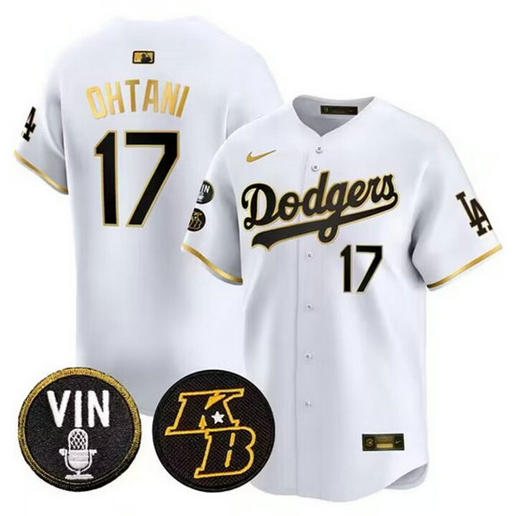 Men's Los Angeles Dodgers #17 Shohei Ohtani White Gold Vin & Kobe Patch Cool Base Stitched Baseball Jersey