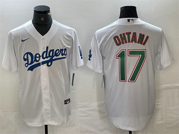 Men's Los Angeles Dodgers #17 Shohei Ohtani White Green Cool Base Stitched Baseball Jersey