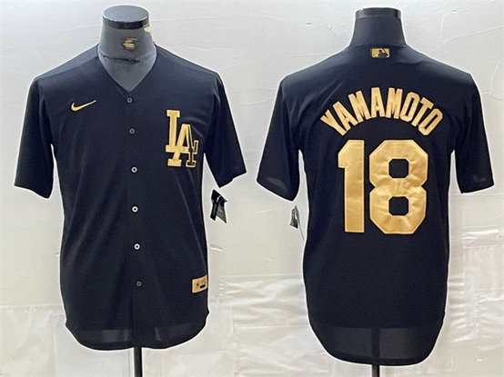 Men's Los Angeles Dodgers #18 Yoshinobu Yamamoto Black Cool Base Stitched Baseball Jersey