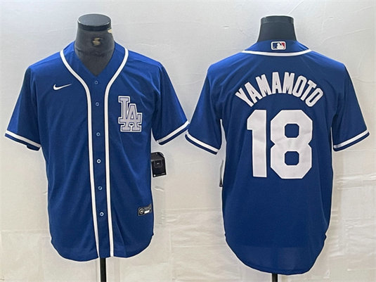 Men's Los Angeles Dodgers #18 Yoshinobu Yamamoto Blue Cool Base Stitched Baseball Jersey