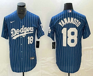 Men's Los Angeles Dodgers #18 Yoshinobu Yamamoto Number Blue Pinstripe Cool Base Stitched Baseball Jersey