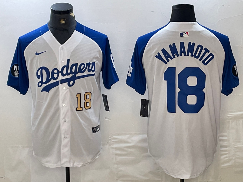 Men's Los Angeles Dodgers #18 Yoshinobu Yamamoto Number White Blue Fashion Stitched Cool Base Limited Jerseys
