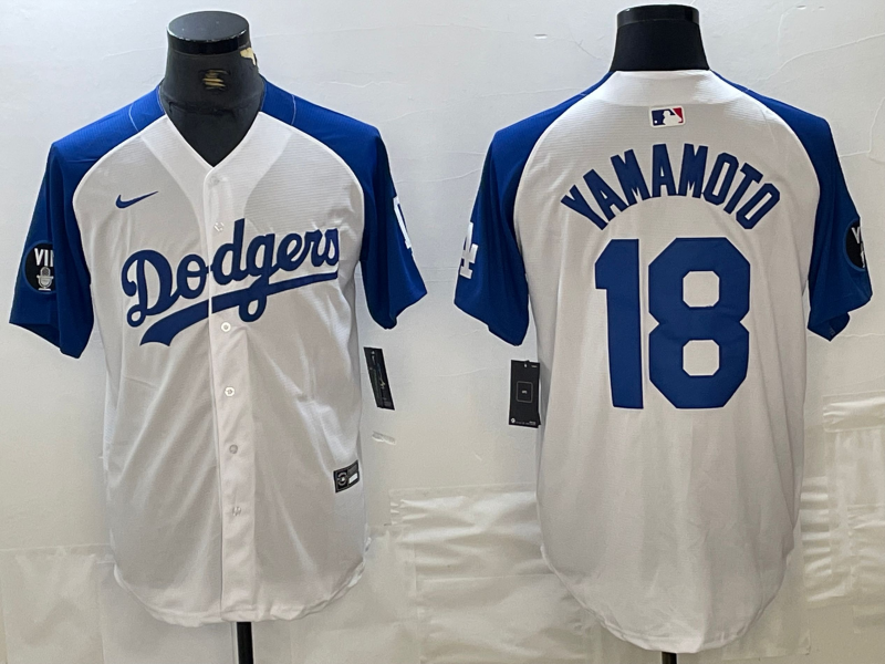 Men's Los Angeles Dodgers #18 Yoshinobu Yamamoto White Blue Fashion Stitched Cool Base Limited Jerseys