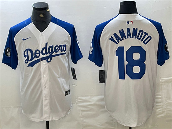 Men's Los Angeles Dodgers #18 Yoshinobu Yamamoto White Blue Vin Patch Cool Base Stitched Baseball Jersey