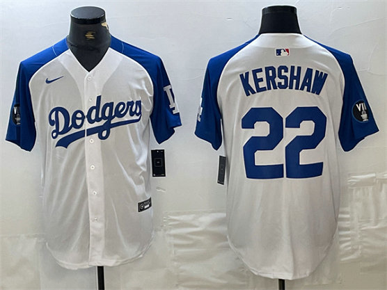Men's Los Angeles Dodgers #22 Clayton Kershaw White Blue Vin Patch Cool Base Stitched Baseball Jersey