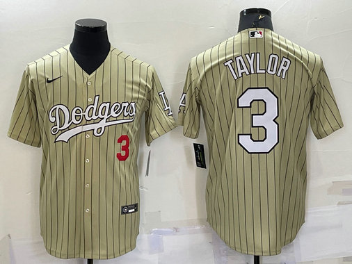 Men's Los Angeles Dodgers #3 Chris Taylor Number Cream Pinstripe Stitched MLB Cool Base Nike Jersey