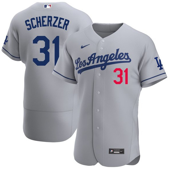Men's Los Angeles Dodgers #31 Max Scherzer Gray Road Flex Base Jersey
