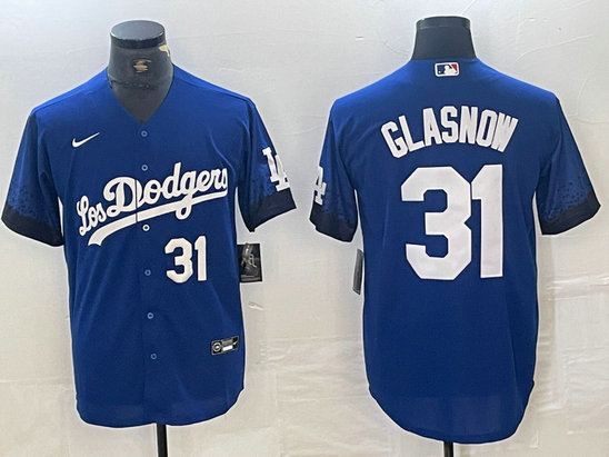 Men's Los Angeles Dodgers #31 Tyler Glasnow Blue City Connect Cool Base Stitched Baseball Jersey