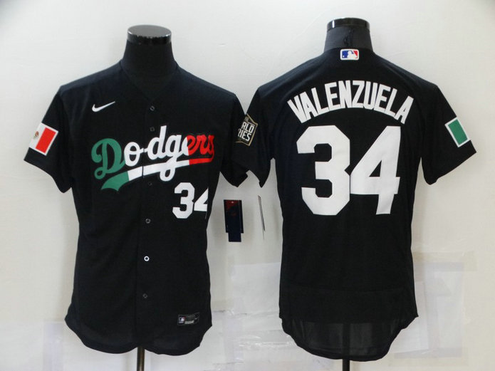 Men's Los Angeles Dodgers #34 Fernando Valenzuela Black Mexico 2020 World Series Flex Base Nike Jersey