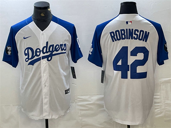 Men's Los Angeles Dodgers #42 Jackie Robinson White Blue Vin Patch Cool Base Stitched Baseball Jersey