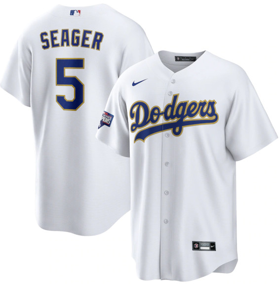 Men's Los Angeles Dodgers #5 Corey Seager Nike White Gold 2021 Gold Program Player Jersey