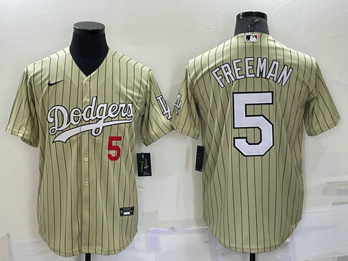 Men's Los Angeles Dodgers #5 Freddie Freeman Number Cream Pinstripe Stitched MLB Cool Base Nike Jersey