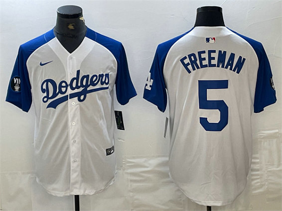 Men's Los Angeles Dodgers #5 Freddie Freeman White Blue Vin Patch Cool Base Stitched Baseball Jersey