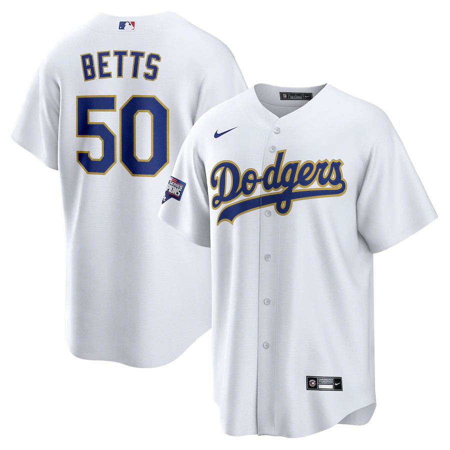 Men's Los Angeles Dodgers #50 Mookie Betts Nike White Gold 2021 Gold Program Player Jersey