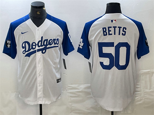 Men's Los Angeles Dodgers #50 Mookie Betts White Blue Vin Patch Cool Base Stitched Baseball Jersey