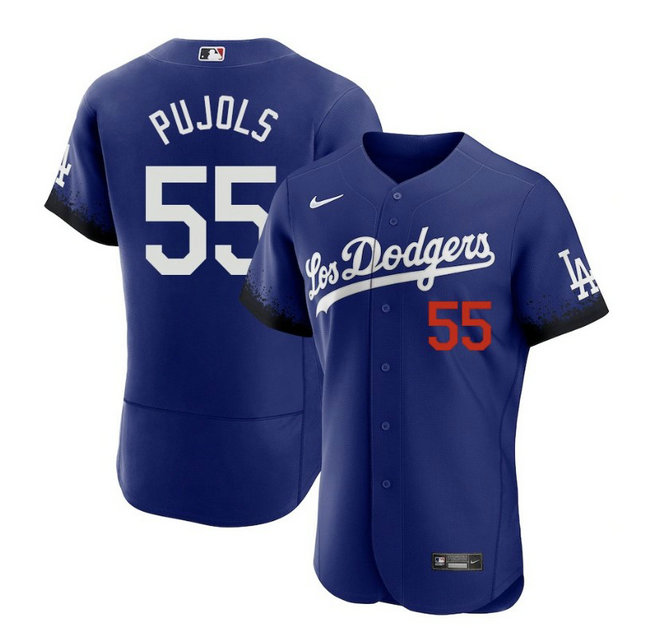 Men's Los Angeles Dodgers #55 Albert Pujols Blue 2021 City Connect Flex Base Stitched Jersey