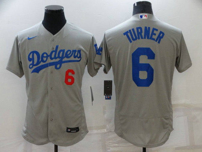 Men's Los Angeles Dodgers #6 Trea Turner Grey Flex Base Stitched Jersey