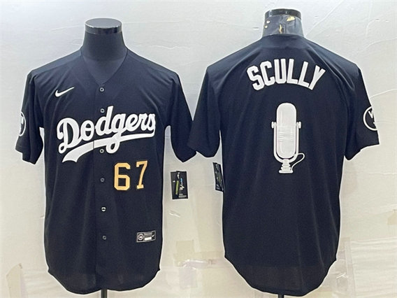 Men's Los Angeles Dodgers #67 Vin Scully Black Big Logo With Vin Scully Patch Stitched Jersey 1