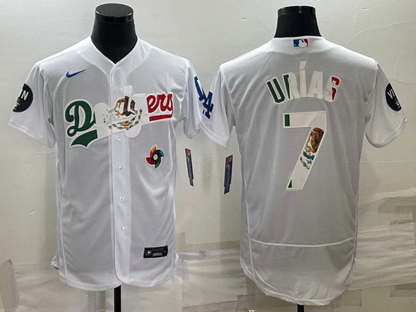 Men's Los Angeles Dodgers #7 Julio Urías White With Vin Scully Patch Flex Base Stitched Baseball JerseyS