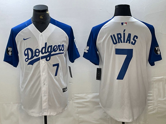 Men's Los Angeles Dodgers #7 Julio Ur铆as White Blue Vin Patch Cool Base Stitched Baseball Jersey 1
