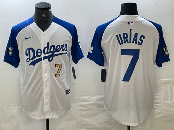 Men's Los Angeles Dodgers #7 Julio Ur铆as White Blue Vin Patch Cool Base Stitched Baseball Jersey 4