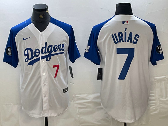 Men's Los Angeles Dodgers #7 Julio Ur铆as White Blue Vin Patch Cool Base Stitched Baseball Jersey