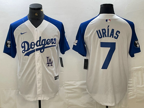 Men's Los Angeles Dodgers #7 Julio Ur铆as White Blue Vin Patch Cool Base Stitched Baseball Jersey 9