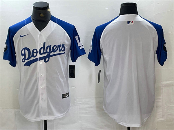 Men's Los Angeles Dodgers Blank White Blue Vin Patch Cool Base Stitched Baseball Jersey