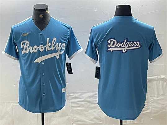 Men's Los Angeles Dodgers Team Big Logo Light Blue Throwback Cool Base Stitched Baseball Jersey 3