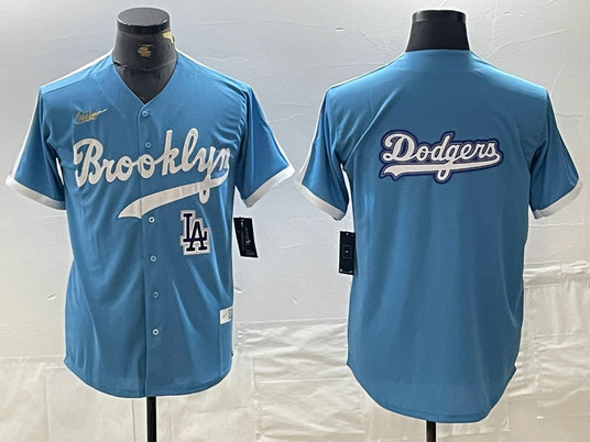 Men's Los Angeles Dodgers Team Big Logo Light Blue Throwback Cool Base Stitched Baseball Jersey 5