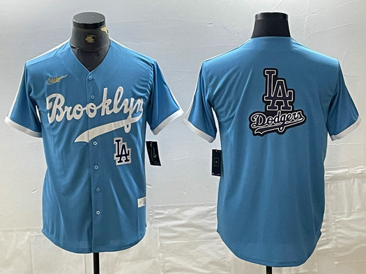 Men's Los Angeles Dodgers Team Big Logo Light Blue Throwback Cool Base Stitched Baseball Jersey 6