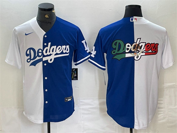 Men's Los Angeles Dodgers Team Big Logo White Blue Split Cool Base Stitched Baseball Jersey 1