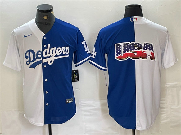 Men's Los Angeles Dodgers Team Big Logo White Blue Split Cool Base Stitched Baseball Jersey 3