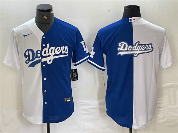 Men's Los Angeles Dodgers Team Big Logo White Blue Split Cool Base Stitched Baseball Jersey