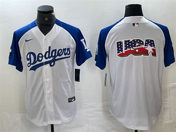 Men's Los Angeles Dodgers Team Big Logo White Blue Vin Patch Cool Base Stitched Baseball Jersey 4